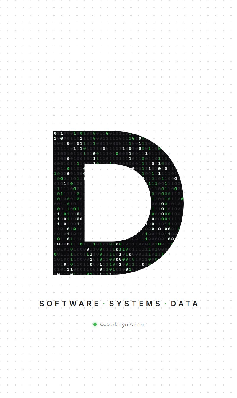 Logotipo de Datyor: una D rellena de dígitos binarios sobre fondo blanco, con el lema Software, Systems, Data